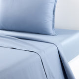 Light blue duvet cover, flat sheet, and pillowcase with subtle textured pattern. Pillowcase has a plain border. Plain fitted