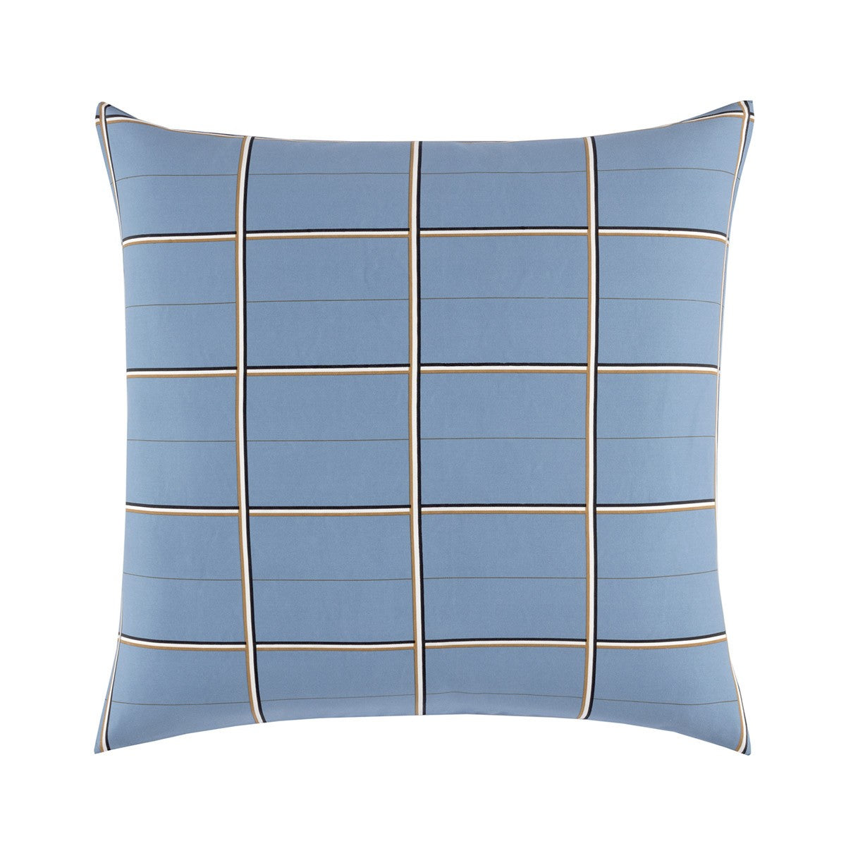 Dusty blue square pillow case with a grid pattern of thin white, black, and gold-toned lines.