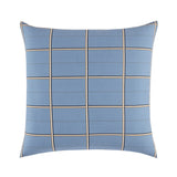 Dusty blue square pillow case with a grid pattern of thin white, black, and gold-toned lines.
