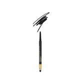 Black retractable eyeliner pencil with a gold-toned base and a black smudger tip, next to a black swatch.