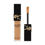 YSL All Hours Concealer: clear bottle with tan liquid, black cap with gold-toned YSL logo. Open, showing black wand with tan
