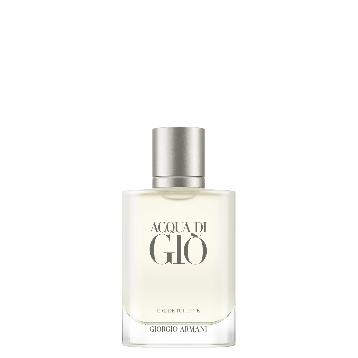 Rectangular clear glass bottle with pale yellow liquid, a silver-toned cylindrical cap, and "ACQUA DI GIO" text.