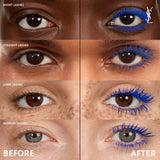 Vibrant blue mascara coating lashes, making them appear voluminous and extended.