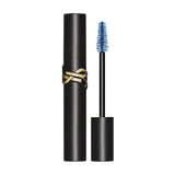 Matte black YSL Mascara Lash Clash tube with gold-toned logo and a black wand with vibrant blue mascara on the brush.