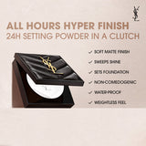 Open black quilted compact with gold-toned YSL logo on top, revealing white setting powder with an embossed YSL.