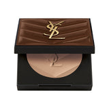 Open YSL Hyper Bronze compact powder with a brown quilted lid and gold-toned logo, revealing light beige pressed powder.