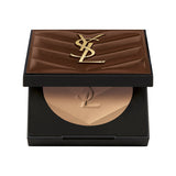 Open YSL Hyper Bronze compact with a dark brown quilted lid and gold-toned YSL logo, revealing light beige pressed powder wit
