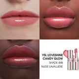 Two YSL Loveshine lip balms. One open with a light pink balm stick. The other closed, rose gold-toned with a silver-toned YSL