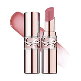 Two YSL Loveshine lip balms with rose-gold casing and a clear band featuring the YSL logo. One is open, revealing a light pin