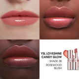 Two rose gold-toned YSL Loveshine Balm tubes, one open revealing a rosewood blush-coloured balm stick.