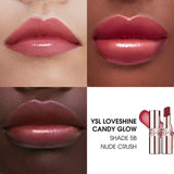 Two YSL Loveshine Balms with rose gold-toned casings; one capped, one open revealing a glossy, deep rose-coloured balm stick.