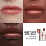 Two YSL Loveshine Balms in rose gold-toned metallic packaging. One is closed, the other open revealing a brown nude lip balm