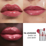 Yves Saint Laurent Loveshine Rouge Volupte lipstick in shade 154 Love Berry, presented in a silver-toned case with a gold-ton