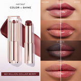 Deep berry-toned Lancome Lip Idole Butterglow in a rose gold-toned ribbed case, with the cap both on and off