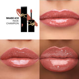 Black rectangular YSL lip gloss tube with gold-toned logo. Open tube shows doe-foot applicator with nude-pink product and a m
