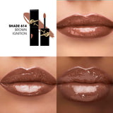 Black rectangular YSL lip gloss tube with gold-toned logo, open to reveal a brown applicator. A brown cream swatch is visible