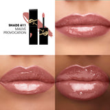 Black rectangular lip gloss tube with gold-toned YSL logo. One tube is open, showing a mauve-pink applicator and color swatch
