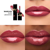 Black rectangular YSL lip gloss tube with a gold-toned logo and a plum-colored applicator wand.