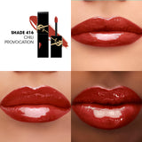 YSL The Inks Cream in Shade 416 Chili Provocation, presented in a black tube with a gold-toned logo and shown applied to lips