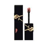 YSL The Inks Matte liquid lip colour in a peachy-pink nude shade, with a black case and gold YSL logo.