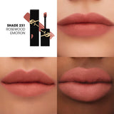 Two black YSL The Inks Matte tubes with gold-toned logos. One open with a doe-foot applicator showing rosewood lip color, plu