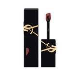 YSL The Inks Matte liquid lip product in a black rectangular tube with gold-toned logo, featuring a reddish-brown doe-foot ap
