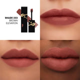 Black YSL The Inks Matte liquid lipstick tube with gold-toned logo. Doe-foot applicator holds a matte brown-red liquid.