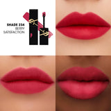 YSL The Inks Matte liquid lipstick, shade 234 Berry Satisfaction. Black tube with gold-toned YSL logo and berry-coated applic
