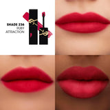 Black YSL liquid lipstick tube with gold-toned logo, cap off, revealing a doe-foot applicator with matte ruby red lipstick.
