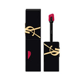 YSL The Inks Matte lip product in a black rectangular case with gold-toned logo, showing a fuchsia pink flocked applicator.