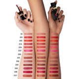 Black rectangular liquid lipstick tube with a gold-toned YSL logo, featuring an applicator with matte orange-red product.