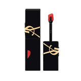 Black rectangular YSL The Inks Matte lip product with gold-toned logo and an applicator showing vibrant orange-red liquid.