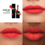 YSL The Inks Matte 202 Coral Sensation liquid lipstick in a black tube with gold-toned logo, open with coral applicator.