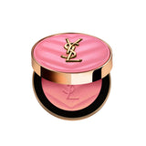 Pink YSL powder blush compact with a gold-toned quilted lid featuring the YSL logo, open to reveal pink pressed powder with a