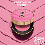 Gold-toned YSL powder blush compact with a quilted pink lid and logo. Open, revealing pink blush with a chevron pattern and b