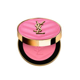 Open round compact of YSL powder blush with a bright pink quilted lid featuring a gold-toned YSL logo and light pink powder i