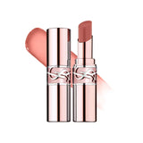 Rose-gold toned YSL lip balm with silver-toned logo. One tube closed, one open revealing a peachy-pink balm. A matching swatc