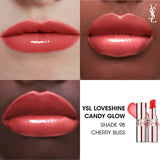 Two rose-gold-toned YSL Loveshine balm tubes. One closed, one open revealing a glossy reddish-orange balm stick.