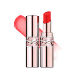 Rose gold-toned YSL Loveshine Balm with a coral-red glossy lip balm stick extended from the tube.