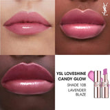 Two rose gold-toned YSL Loveshine balm tubes. One closed, one open revealing a light lavender-pink balm stick.