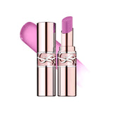YSL Loveshine Balm in a rose-gold-toned tube with silver YSL logo, showing a vibrant purple balm stick.