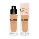 Two YSL All Hours Glow Foundation bottles, 25ml. One with a black pump, the other with a light pink cap featuring a gold-tone