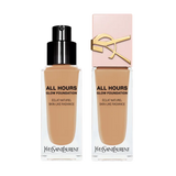 Two bottles of YSL All Hours Glow Foundation in a medium beige shade, one with a black pump, one with a light pink and gold-t