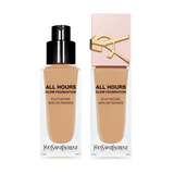 Two clear glass bottles of YSL All Hours Glow Foundation in medium beige. One with black pump, one with light pink cap and go