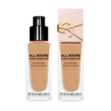 Two YVES SAINT LAURENT All Hours Glow Foundations in a medium beige shade. One with a black pump, one with a pink cap and gol