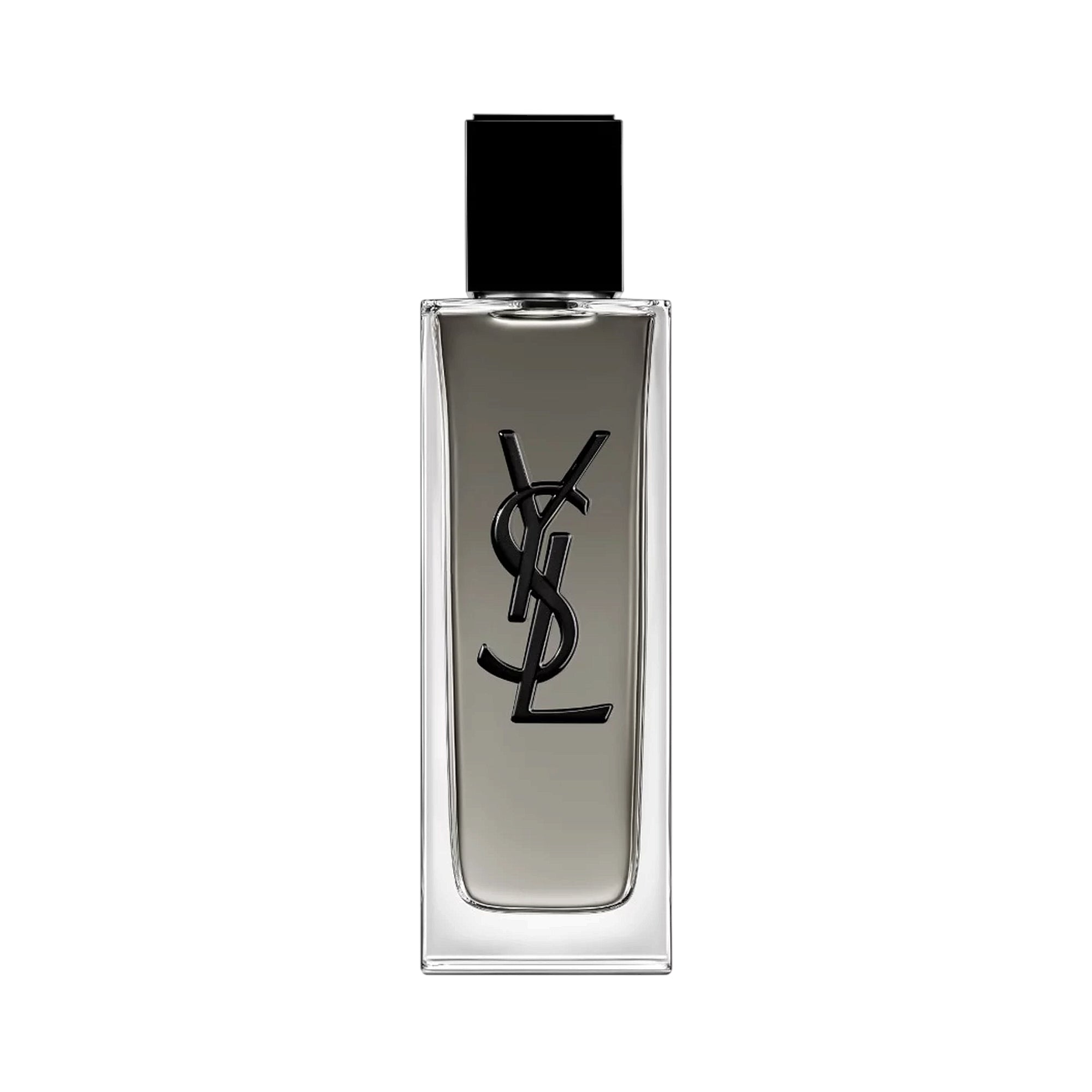 Clear glass rectangular bottle of YSL Myslf EDT Intense fragrance with a dark grey liquid and a black YSL logo, topped with a
