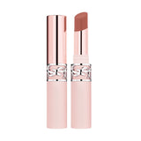 YSL Lovenude Balm 01 in a light nude shade, housed in a pale pink and rose gold-toned cylindrical case with a silver-toned YS