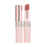 Two YSL Lovenude Balms, one closed and one open, showing a matte light pink tube with silver YSL logo and a nude pink balm st