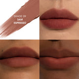 Creamy matte lip balm in shade 09 3AM Espresso, a reddish-brown color.