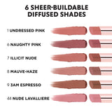 Rose gold-toned lip balm stick with a rounded tip of medium brown balm.